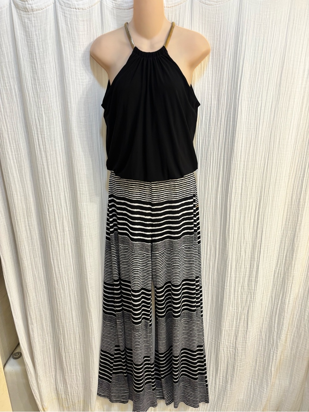 MSK Mixed Media Halter Jumpsuit Black Gold Hardware Striped Wide Leg Palazzo M(N